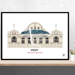 Affiche Palais de Vichy, Carte de Vichy, Palais des congrès, Affiche, Art, Print, Map, Impression, Deco, Ville