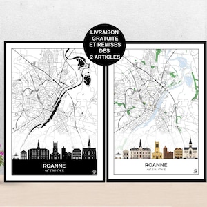 Poster Skyline von Roanne, Karte von Roanne, Loire, Poster, Kunst, Druck, Karte, Impression, Deko, Stadt.