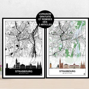 Poster Skyline de Strasbourg, Carte de Strasbourg, Affiche, Art, Print, Map, Impression, Deco, Ville.