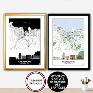 Affiche Skyline de Cherbourg, Carte de Cherbourg, Affiche, Art, Contentin, Map, Impression, Deco, Ville, Normandie