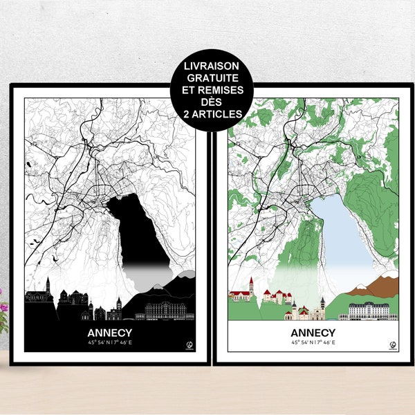 Poster Skyline de Annecy, Carte d'Annecy, Annecy, Affiche, Art, Print, Map, Impression, Deco, Ville.