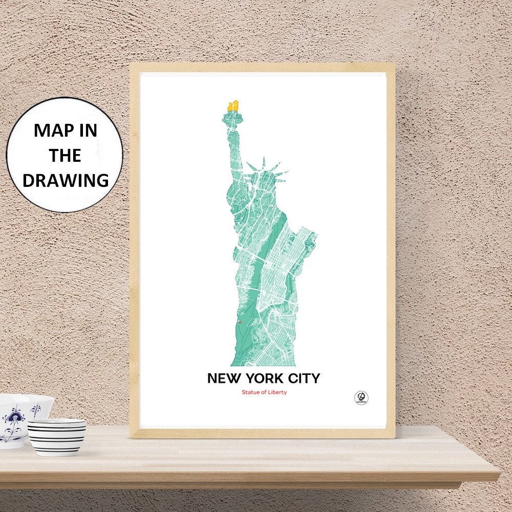NYC city poster, New York City map, Statue of Liberty, USA, Poster, Art, Print, Map, Impression, Deco, City