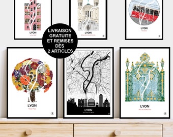 Affiche de Lyon, Carte de Lyon, Poster, Affiche, Art, Print, Map, Impression, Deco, Ville, personnalisée