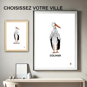 Affiche de l'Alsace, Carte de l'Alsace, Cigogne, Strasbourg, Colmar, Mulhouse, Selestat, Print, Map, Impression, Deco, Ville, Cadeau