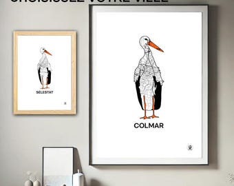 Alsace poster, Alsace map, Stork, Strasbourg, Colmar, Mulhouse, Selestat, Print, Map, Printing, Decor, City, Gift