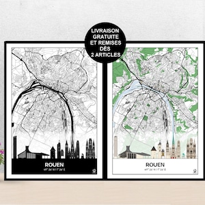 Poster Skyline de Rouen, Carte de Rouen, Affiche, Art, Print, Map, Impression, Deco, Ville.