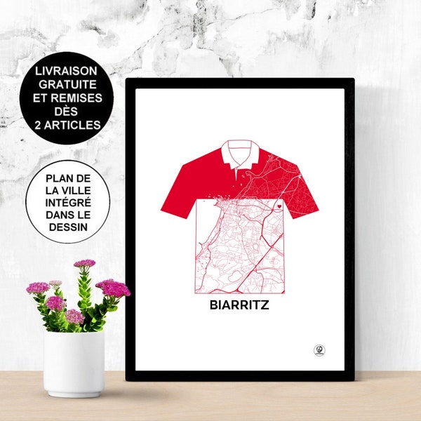 Poster rugby de Biarritz, Carte de Biarritz, Affiche de Biarritz, Biarritz Olympique, Top 14, Map, Impression, Deco, Ville