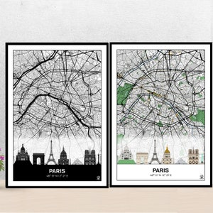 Póster Horizonte de París, Mapa de París, Póster, Arte, Impresión, Mapa, Impresión, Deco, Ciudad.