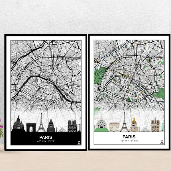 Poster Skyline de Paris, Carte de Paris, Affiche, Art, Print, Map, Impression, Deco, Ville.