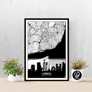 Poster Skyline de Lisbonne, Carte de Lisbonne, Affiche Lisbonne, Lisboa, Art, Print, Map, Impression, Decoration, Ville, Cadeau.