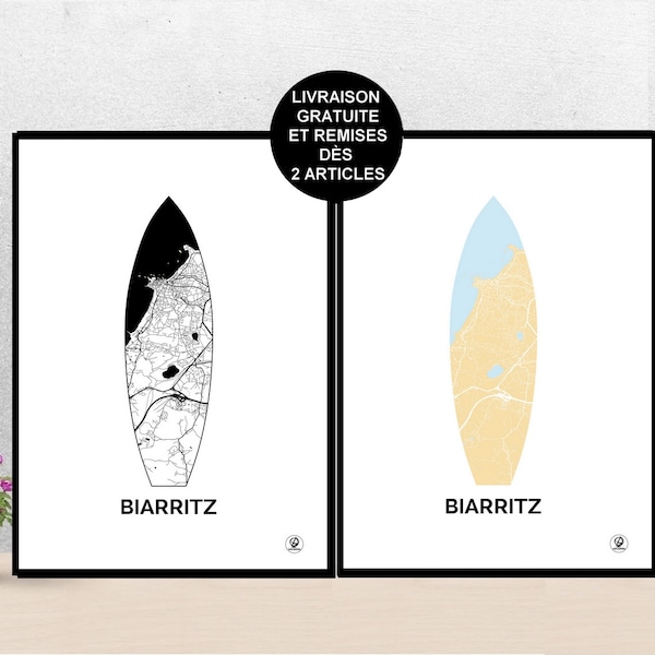 Affiche ville de Biarritz, Carte de Biarritz, Planche de Surf, Affiche, Art, Print, Map, Impression, Deco, Ville