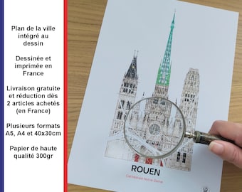 Rouen Cathedral Poster, Rouen Map, Poster, Art, Print, Map, Print, Deco, City