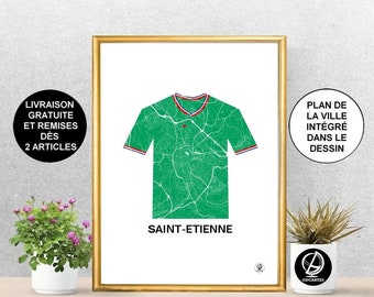 Saint-Étienne-Plakat, Karte von Saint-Étienne, Jersey, Fußball, Saint-Étienne-Plakat, Kunst, Druck, Karte, Druck, Dekor, Stadt