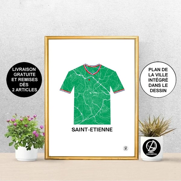 Affiche Saint-Etienne, Carte de Saint-Etienne, Maillot Asse, Foot, Affiche de Saint-Etienne, Art, Print, Map, Impression, Deco, Ville