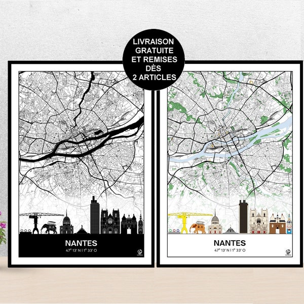 Poster Skyline de Nantes, Carte de Nantes, Affiche, Art, Print, Map, Impression, Deco, Ville.