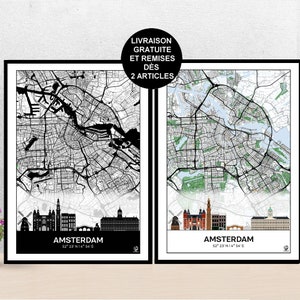 Poster Skyline de Amsterdam, Carte de Amsterdam, Affiche, Art, Print, Map, Impression, Deco, Ville.