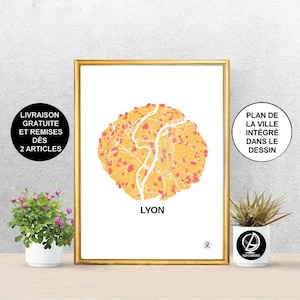 Affiche Lyon brioche aux pralines, Carte de Lyon, Biscuit, Affiche, Art, Print, Map, Impression, Deco, Ville