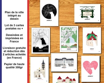 Lot cartes postales de Annecy, Carte de Annecy, Pont des amours, Haute-Savoie, Montagne, Affiche, Print, Map, Deco, Ville
