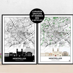 Poster Skyline de Montpellier, Carte de Montpellier, Affiche de Montpellier, Art, Print, Map, Impression, Deco, Ville.