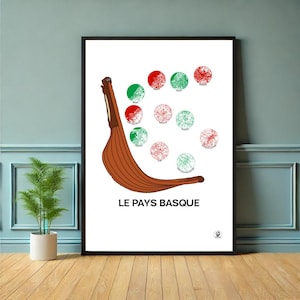 Affiche Pays Basque, carte du Pays Basque, Chistera, Pelote basque, Print, Map, Impression, Deco, Ville, Cadeau
