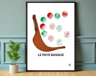 Basque Country poster, map of the Basque Country, Chistera, Basque pelota, Print, Map, Print, Decor, City, Gift