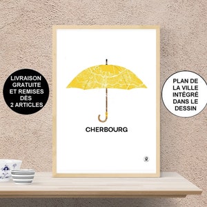 Affiche Cherbourg, Carte de Cherbourg, Parapluie, Cotentin, Poster, Art, Print, Map, Impression, Manche, Deco, Ville