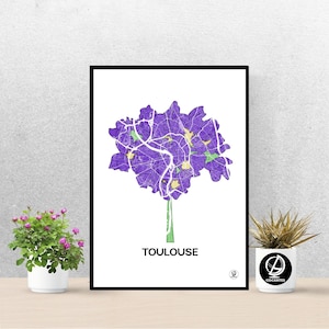 Poster Violette de Toulouse, Carte de Toulouse, Affiche de Toulouse, Art, Print, Map, Impression, Deco, Ville