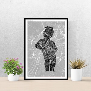 Poster Manneken-Pis de Bruxelles, Carte de Bruxelles, Affiche, Art, Print, Map, Impression, Deco, Ville.