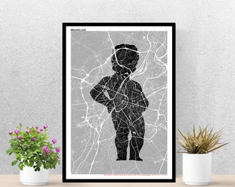 Plakat Manneken-Pis w Brukseli, Mapa Brukseli, Plakat, Sztuka, Druk, Mapa, Wrażenie, Deco, Miasto.