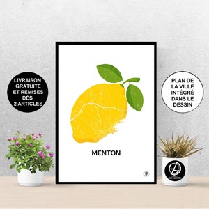 Poster Citron de Menton, Carte de Menton, Cote d'Azur, Affiche, Art, Print, Map, Impression, Deco, Ville