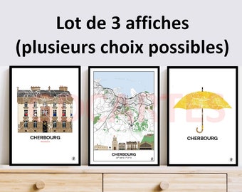 Lot of 3 posters of Cherbourg, 3 Maps of Cherbourg to choose from, Umbrella, Cotentin, City of the Sea, Poster, Map, Deco, City,