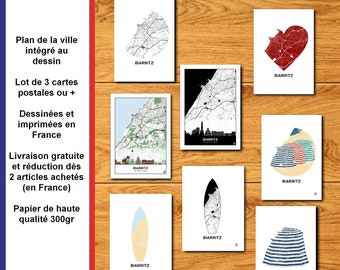 Set of postcards from Biarritz, Map of Biarritz, Basque Country, Pelota, Sea, Poster, Print, Map, Deco, City