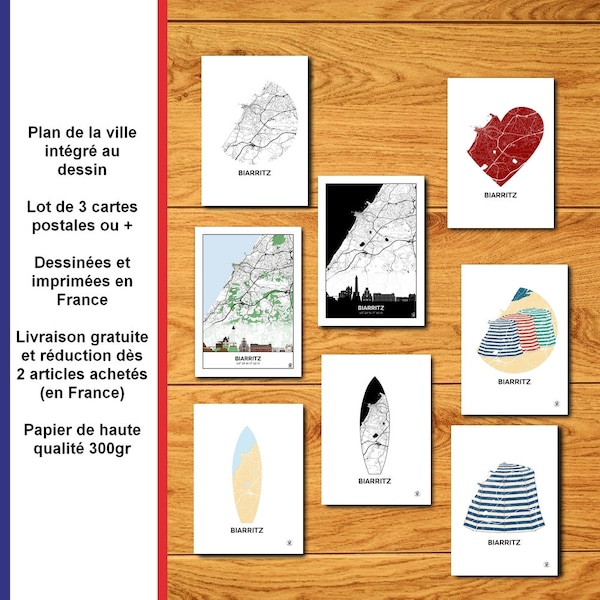 Lot cartes postales de Biarritz, Carte de Biarritz, Pays Basque, Pelote, Mer, Affiche, Print, Map, Deco, Ville