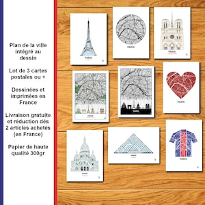 Viele Postkarten aus Paris, Karte von Paris, Eiffelturm, Notre-Dame, Poster, Grußkarte, Druck, Karte, Impression, PSG, Deko, Stadt