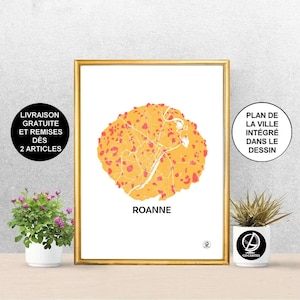 Affiche Roanne brioche aux pralines, Carte de Roanne, Lyon, brioche, Affiche, Art, Print, Map, Impression, Deco, Ville