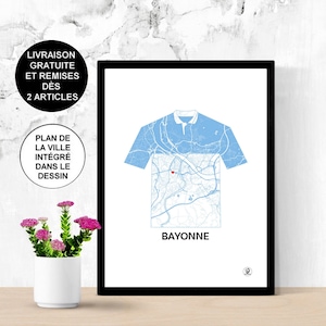 Poster rugby de Bayonne, maillot 1980, Carte de Baiona, Affiche de Bayonne, rugby, Top 14, Map, Impression, Deco, Ville