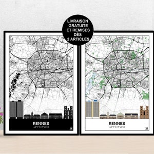 Poster Skyline de Rennes, Carte de Rennes, Affiche Bretagne, Art, Print, Map, Impression, Deco, Ville.