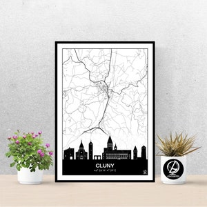 Poster Skyline de Cluny, Carte de Cluny, Affiche, Art, Print, Map, Impression, Deco, Ville, Abbaye