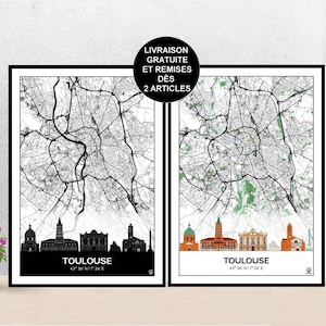 Poster Skyline de Toulouse, Carte de Toulouse, Affiche, Art, Print, Map, Impression, Deco, Ville.