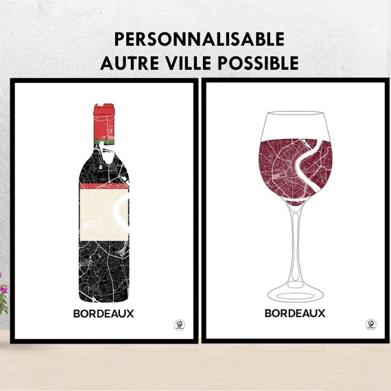 Poster Vin de Bordeaux, Carte de Bordeaux, Affiche, Art, Print, Map,  Impression, Deco, Ville -  France