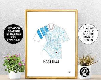 Affiche Marseille, Carte de Marseille, Maillot OM, Olympique de Marseille, 1993, Foot, Poster, Art, Print, Map, Impression, Deco, Ville