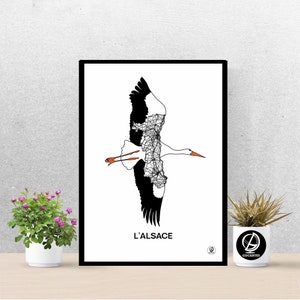 Poster de l'Alsace, Carte de l'Alsace, Cigogne, Strasbourg, Colmar, Mulhouse, Selestat, Print, Map, Impression, Deco, Ville, Cadeau