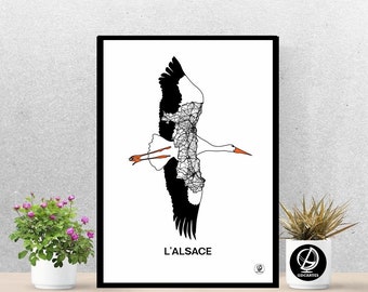 Alsace poster, Map of Alsace, Stork, Strasbourg, Colmar, Mulhouse, Selestat, Print, Map, Print, Decor, City, Gift
