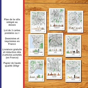 Set of postcards of city skylines, City map, Poster, Paris, Lyon, Marseille, Nice, Toulouse, Nantes, Bordeaux, Montpellier, Lille