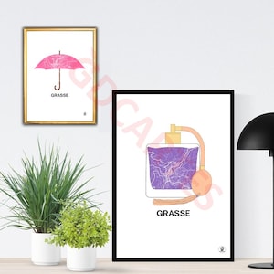 Affiche ville de Grasse, Carte de Grasse, Parfum, Parapluie rose, Affiche, Art, Print, Map, Impression, Deco, Ville