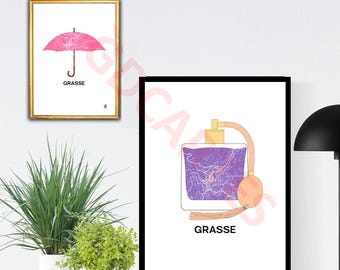 Grasse city poster, Grasse map, Perfume, Pink umbrella, Poster, Art, Print, Map, Impression, Deco, City