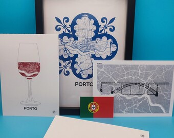 Porto poster, Azulejo tile, ceramic tile, blue glass, Ponte Luis, Porto map poster, art, print, map, print, decor, city