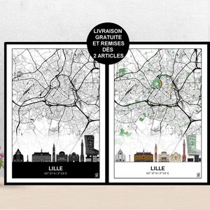 Poster Skyline de Lille, Carte de Lille, Affiche, Art, Print, Map, Impression, Deco, Ville, anniversaire, Nord de France.
