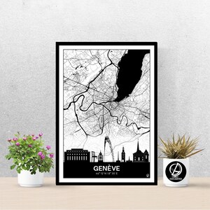 Cartel Skyline de Ginebra, Mapa de Ginebra, Cartel, Arte, Impresión, Mapa, Impresión, Deco, Ciudad, Regalo, Cumpleaños.