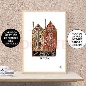 Affiche de Troyes, Carte de Troyes, Aube, Print, Map, Impression, Deco, Ville, Cadeau